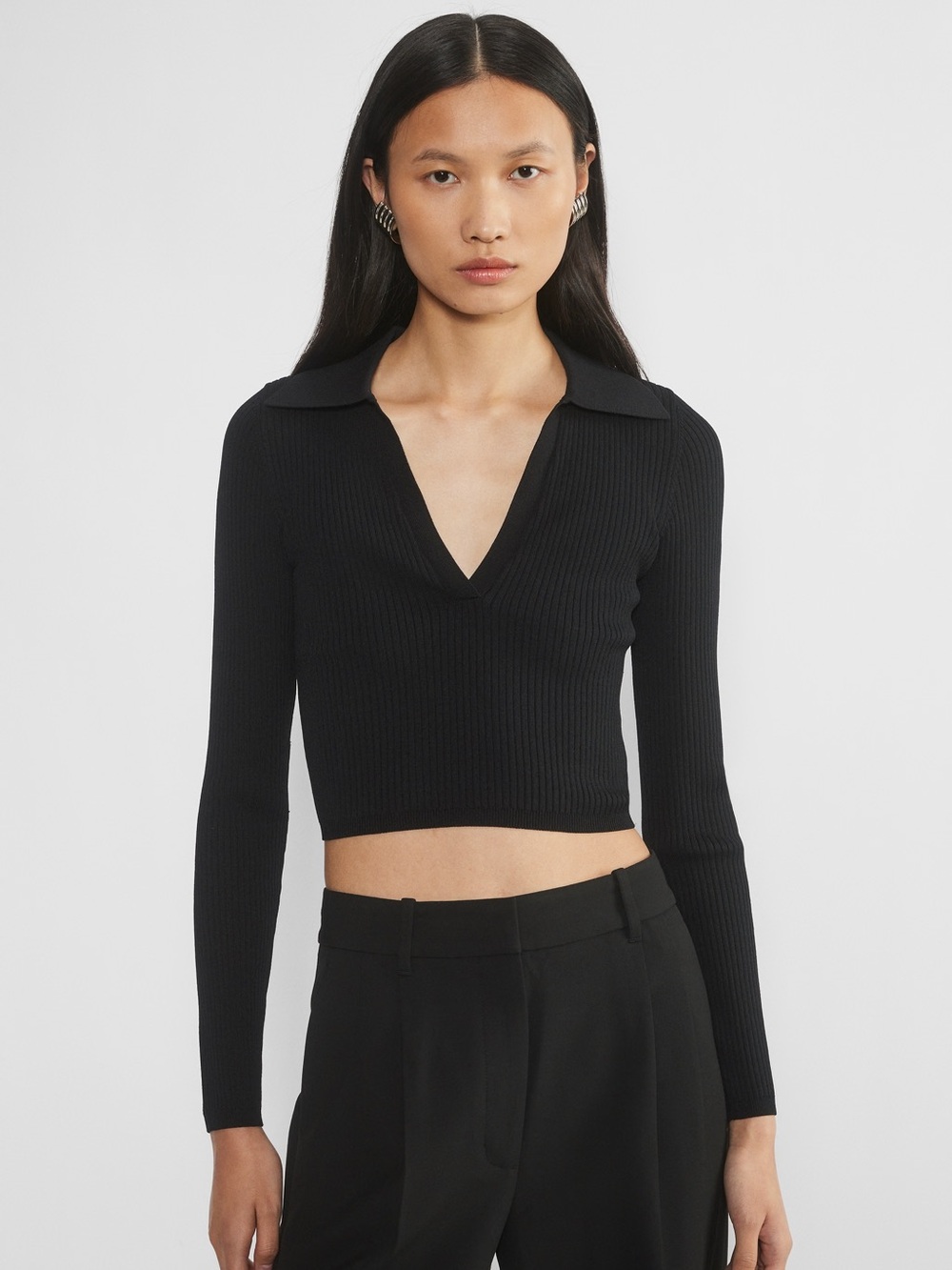 Babaton Black Ribbed Long Sleeve Collared Crop Top